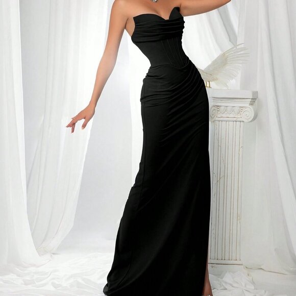 Black Party Women's Elegant Strapless Flattering Fitted Satin  Dress - Picture 4 of 6